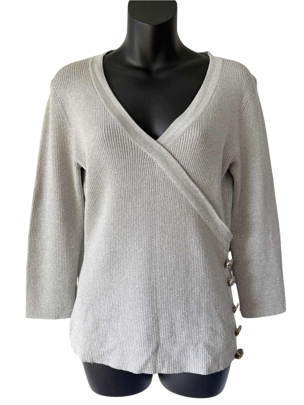 Cable & Gauge Faux Wrap Blouse Top Gray Sparkle Womens Medium Button Ribbed Gem